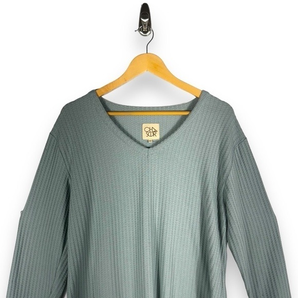 4 for $20 SALE! Chaser Waffle Knit Thermal V Neck Long Sleeve Top, Mint, Size XL - Picture 3 of 10